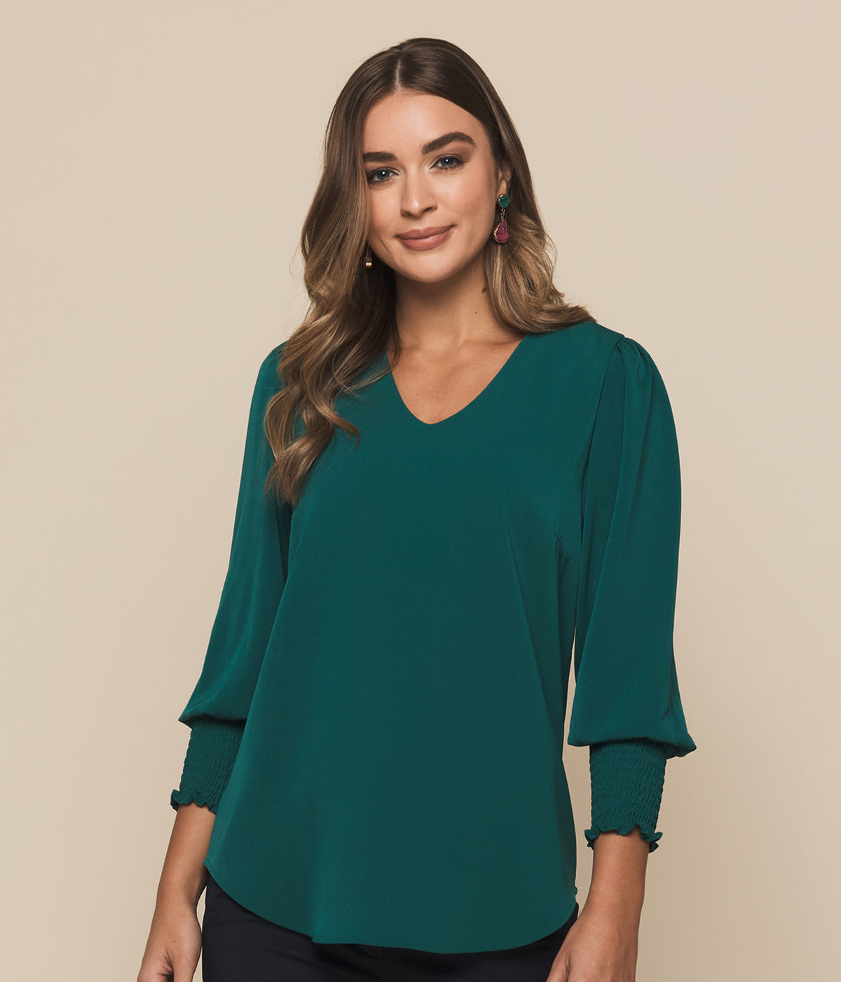 Gloweave V Neck Shirred Cuff Top - 1803WZ