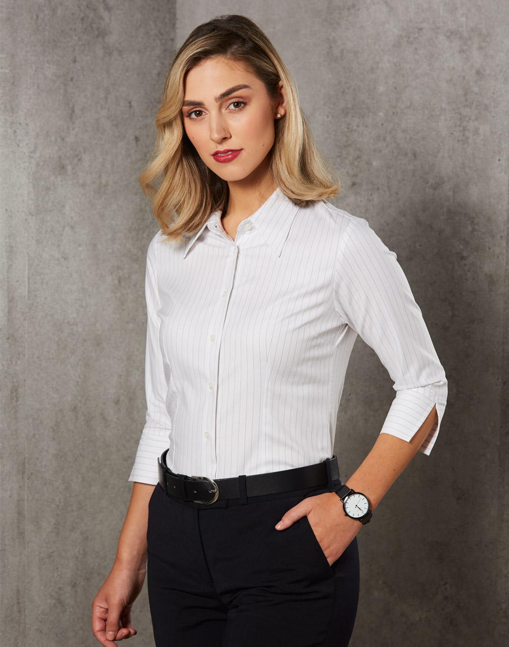 WINNING SPIRIT Ladies' 3/4 Sleeve Stretch Stripe Shirt - BS18