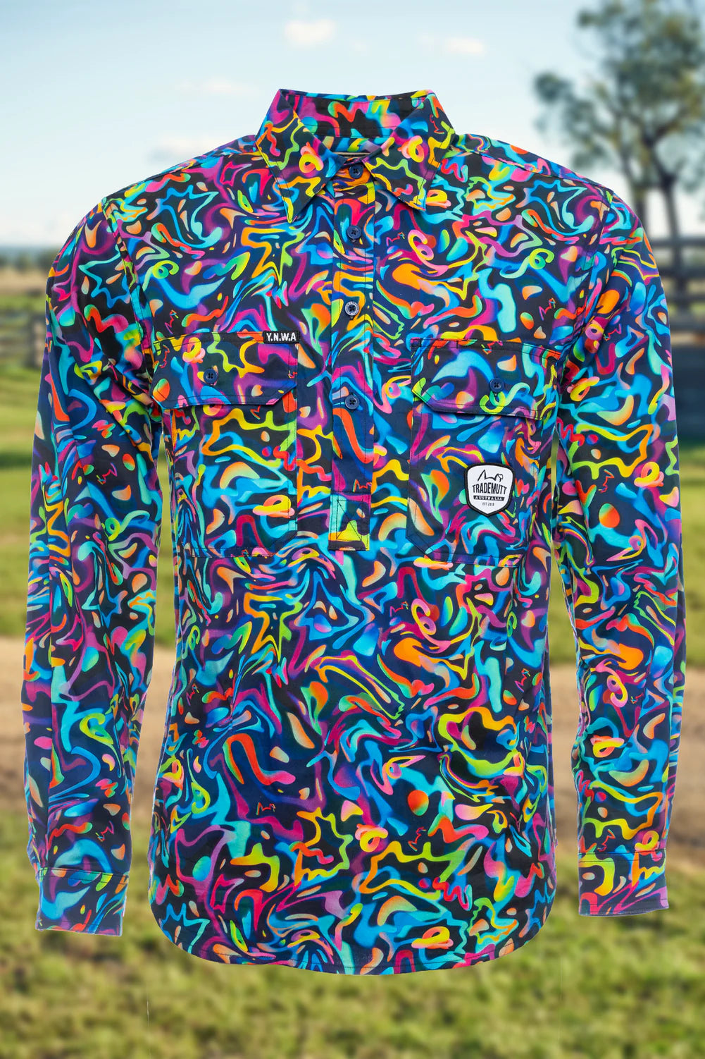 TradeMutt Men's Pearler Half Button Long Sleeve Full Print Workshirt - 21540