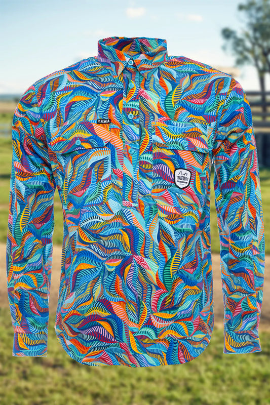 TradeMutt Men's Snazzy Half Button Full Print Workshirt - 21645