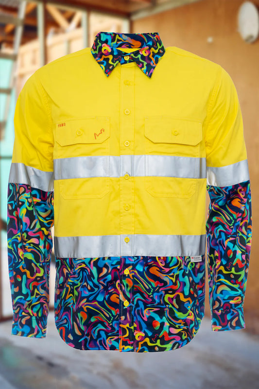 TradeMutt Men's Pearler Yellow Day/Night Hi Vis Full Button Workshirt - 21543