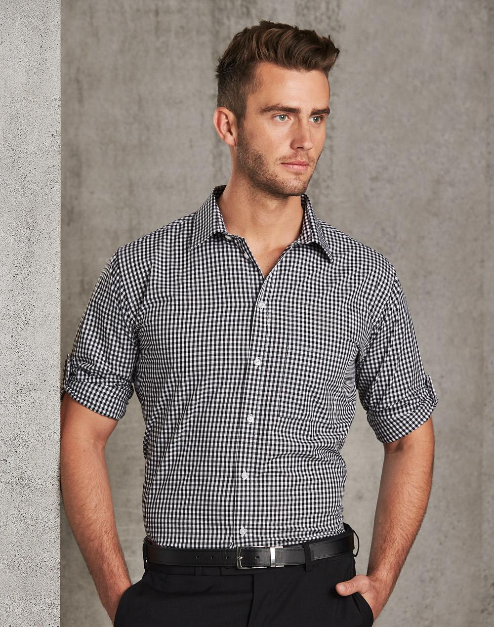 BENCHMARK Men's Gingham Check Roll-up L/S Shirt - M7300L