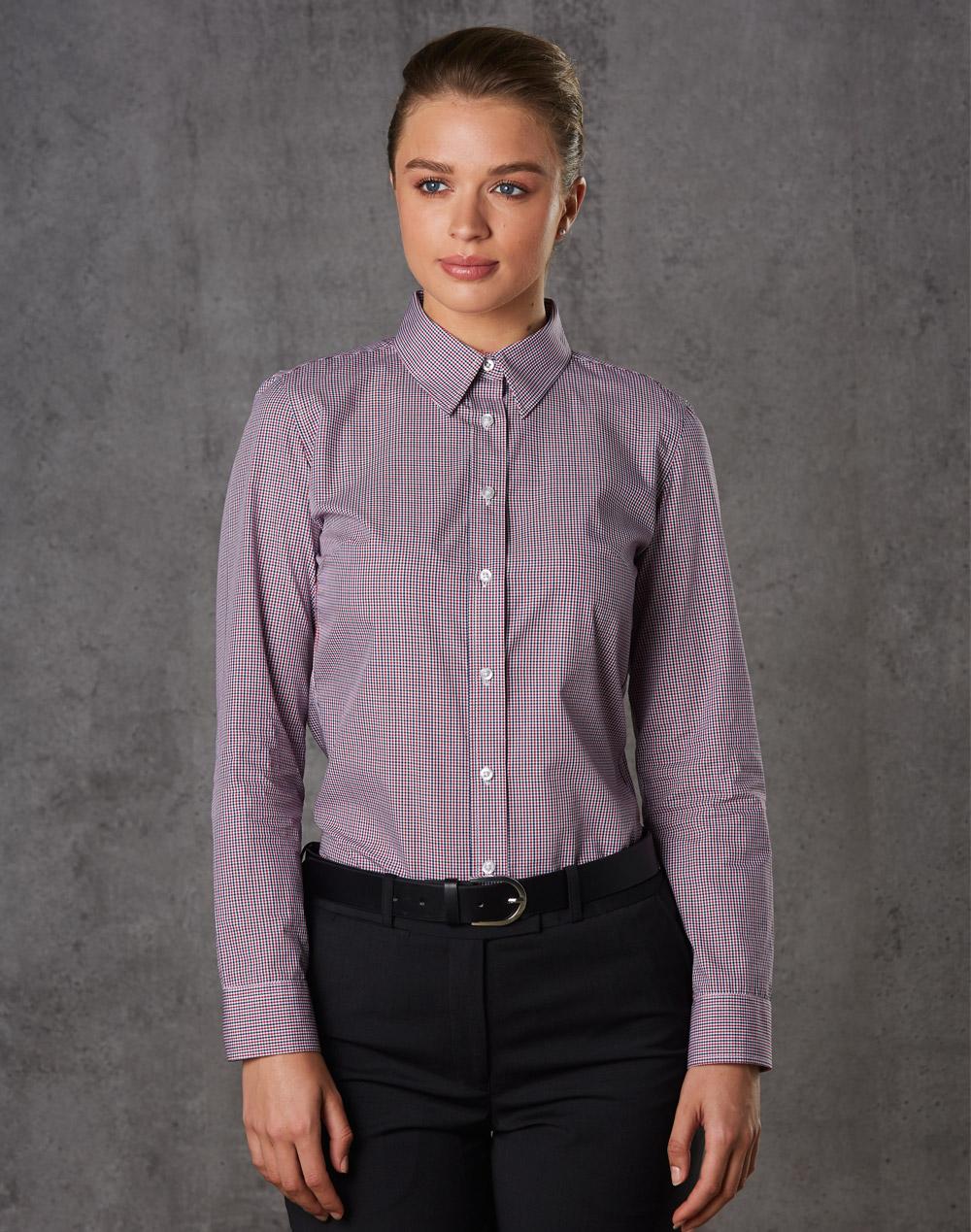 BENCHMARK Ladies' Two Tone Mini Check L/S Shirt - M8340L