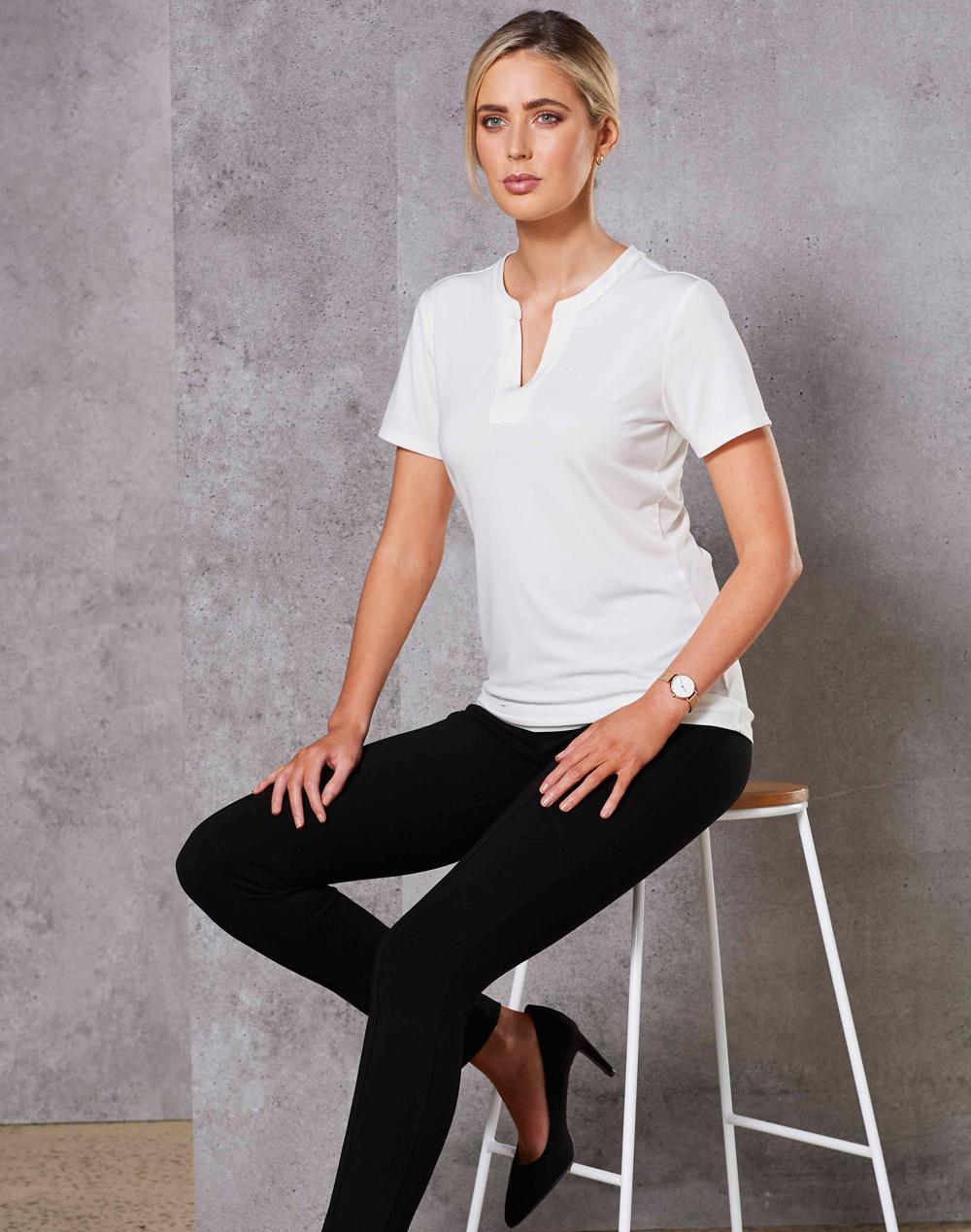 BENCHMARK Ladies' Viscose-neck with Tab S/S Knit Top - M8840