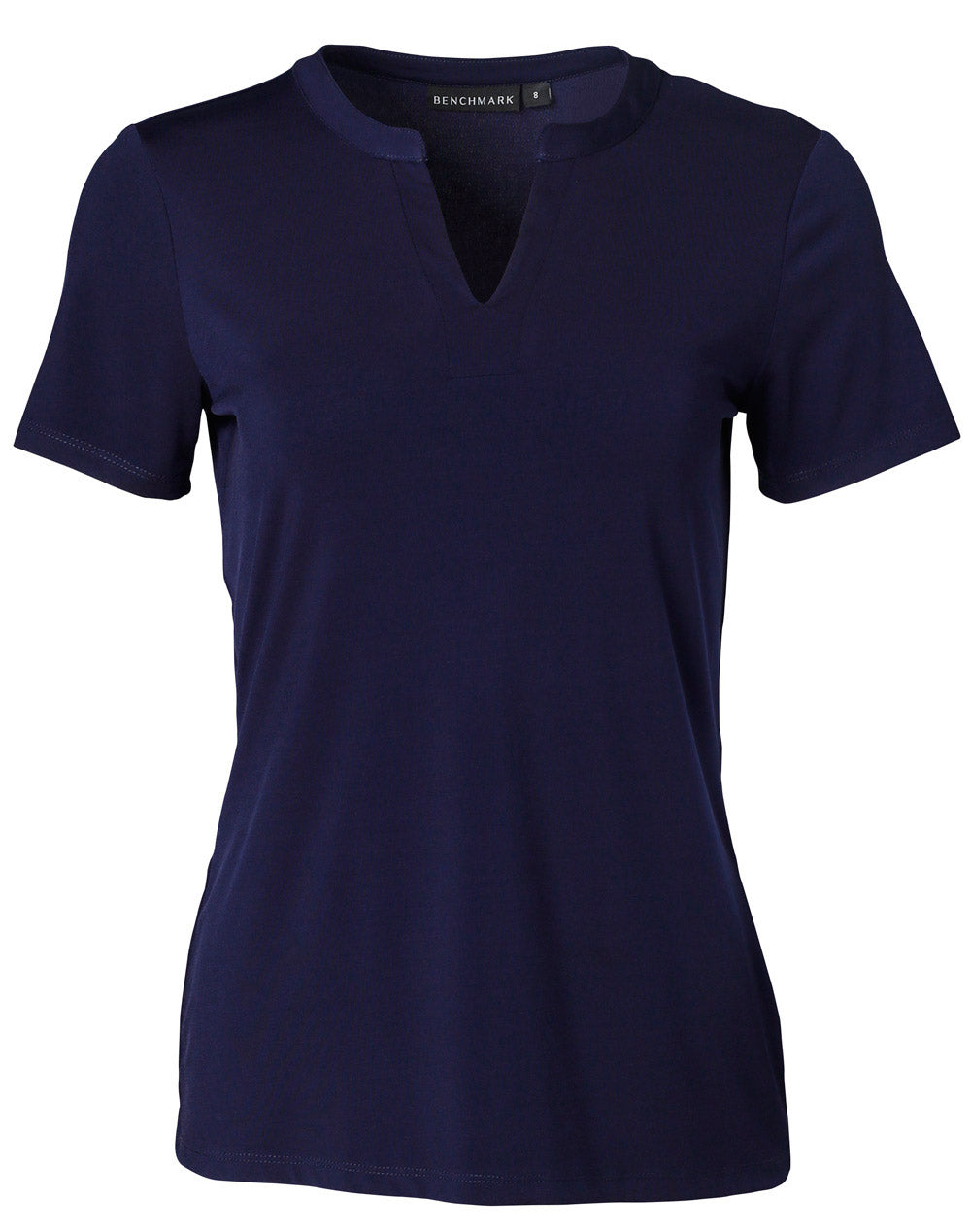 BENCHMARK Ladies' Viscose-neck with Tab S/S Knit Top - M8840