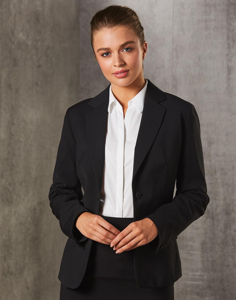 BENCHMARK Women's One Button Cropped Jacket in Poly/Viscose Stretch Stripe - M9208