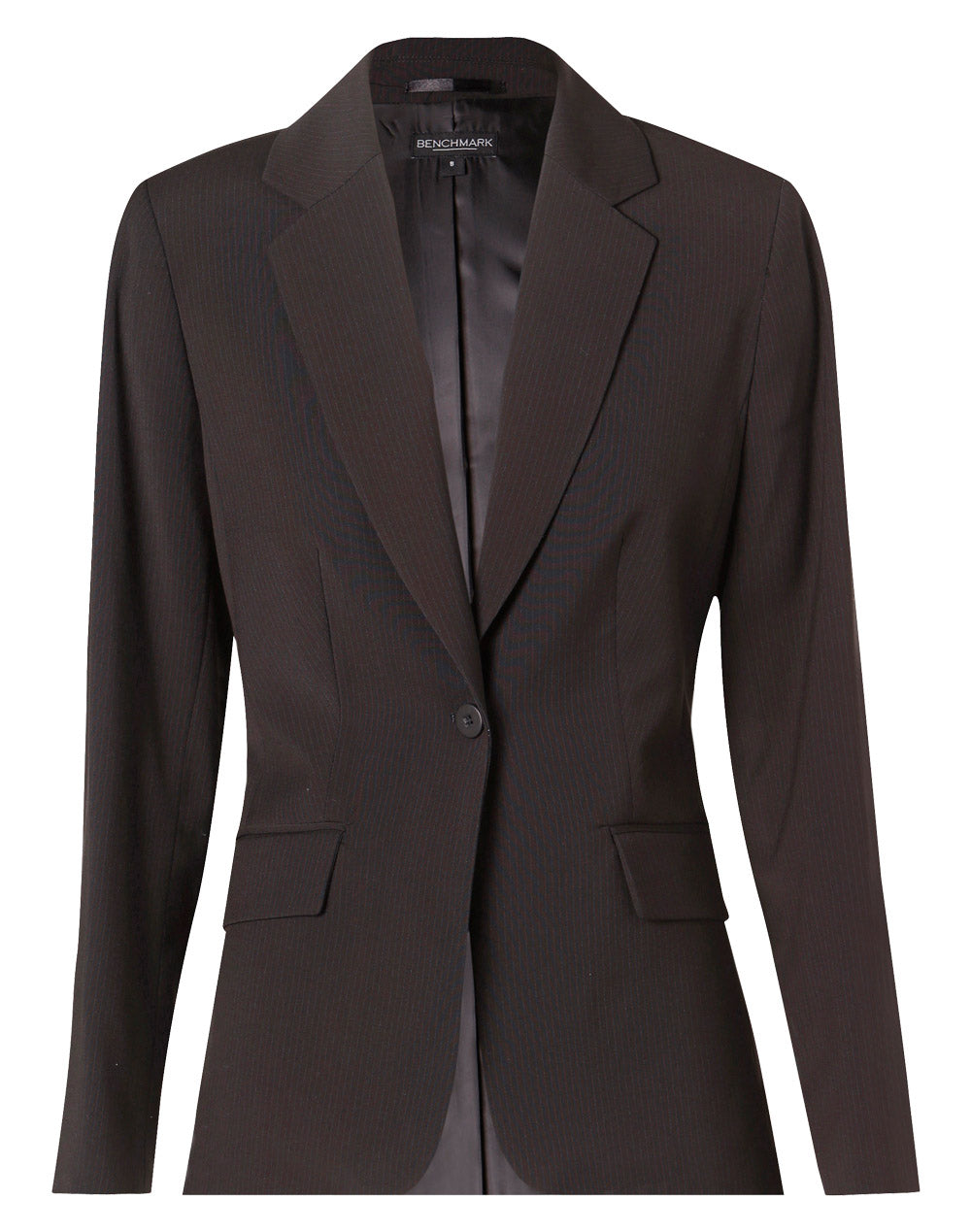 BENCHMARK Women's One Button Cropped Jacket in Poly/Viscose Stretch Stripe - M9208