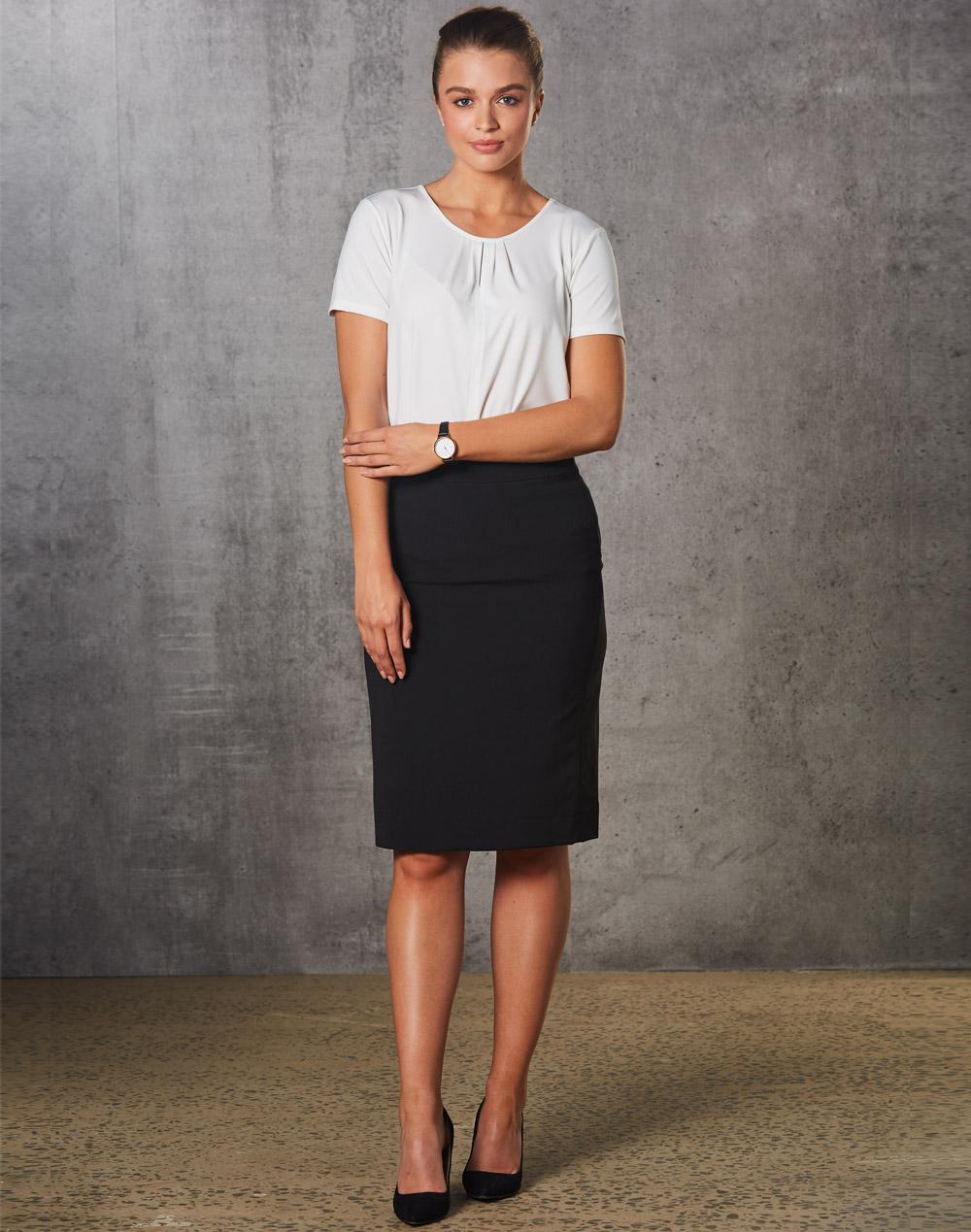 BENCHMARK Women's Mid Length Lined Pencil Skirt in Poly/Viscose Stretch Stripe - M9472