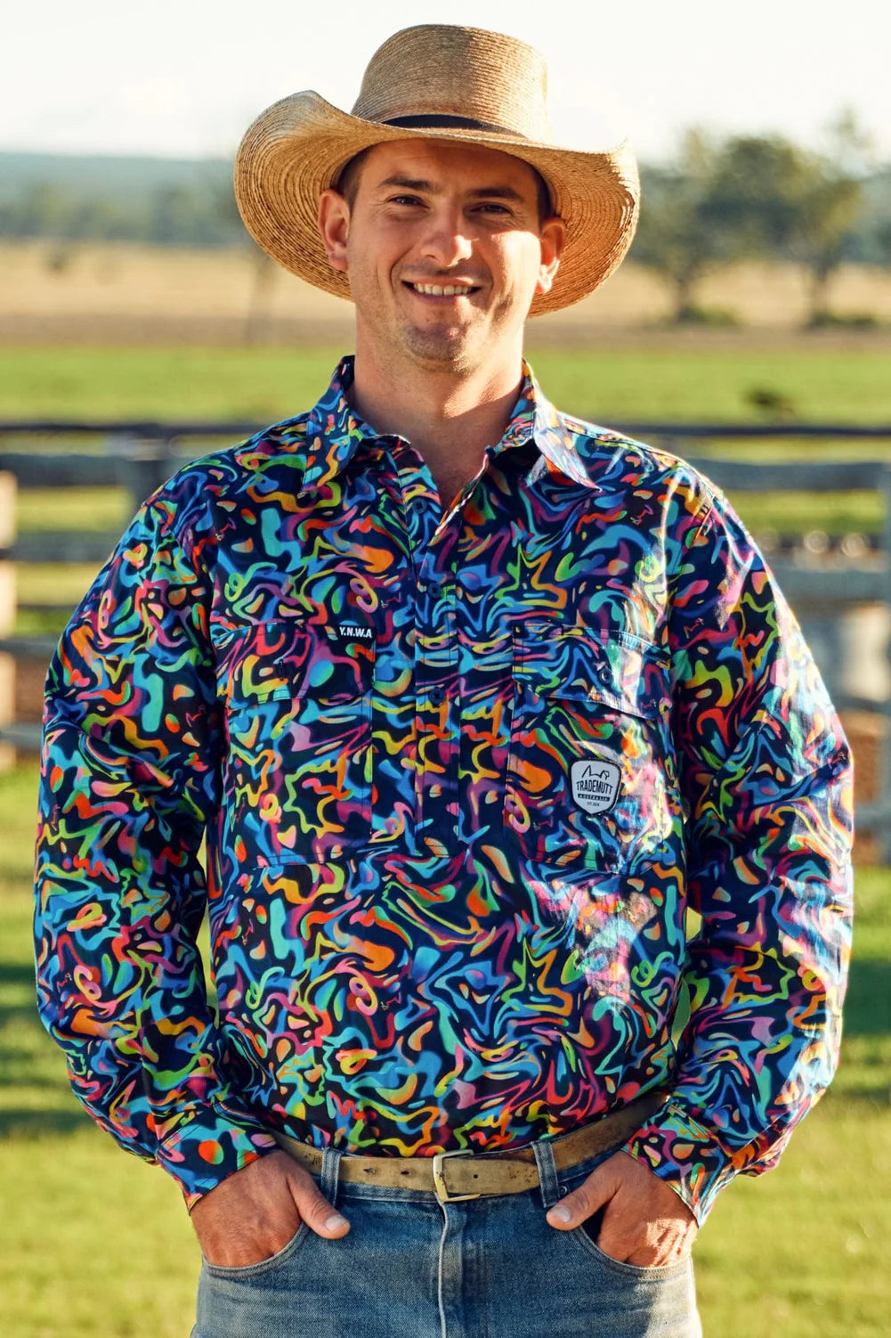 TradeMutt Men's Pearler Half Button Long Sleeve Full Print Workshirt - 21540
