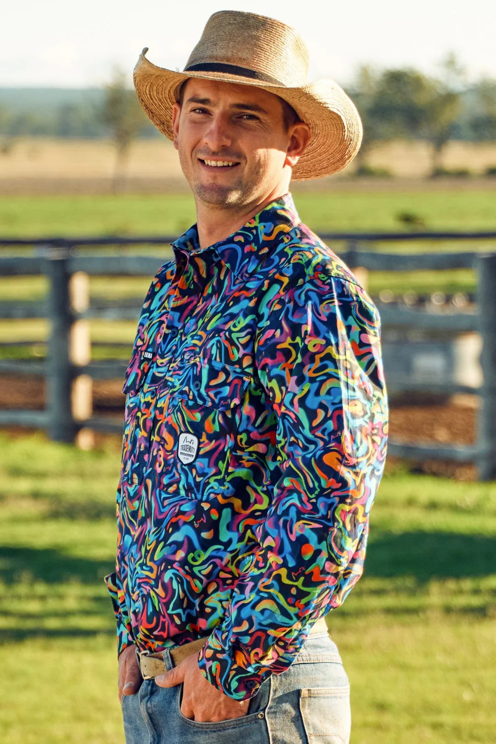 TradeMutt Men's Pearler Half Button Long Sleeve Full Print Workshirt - 21540