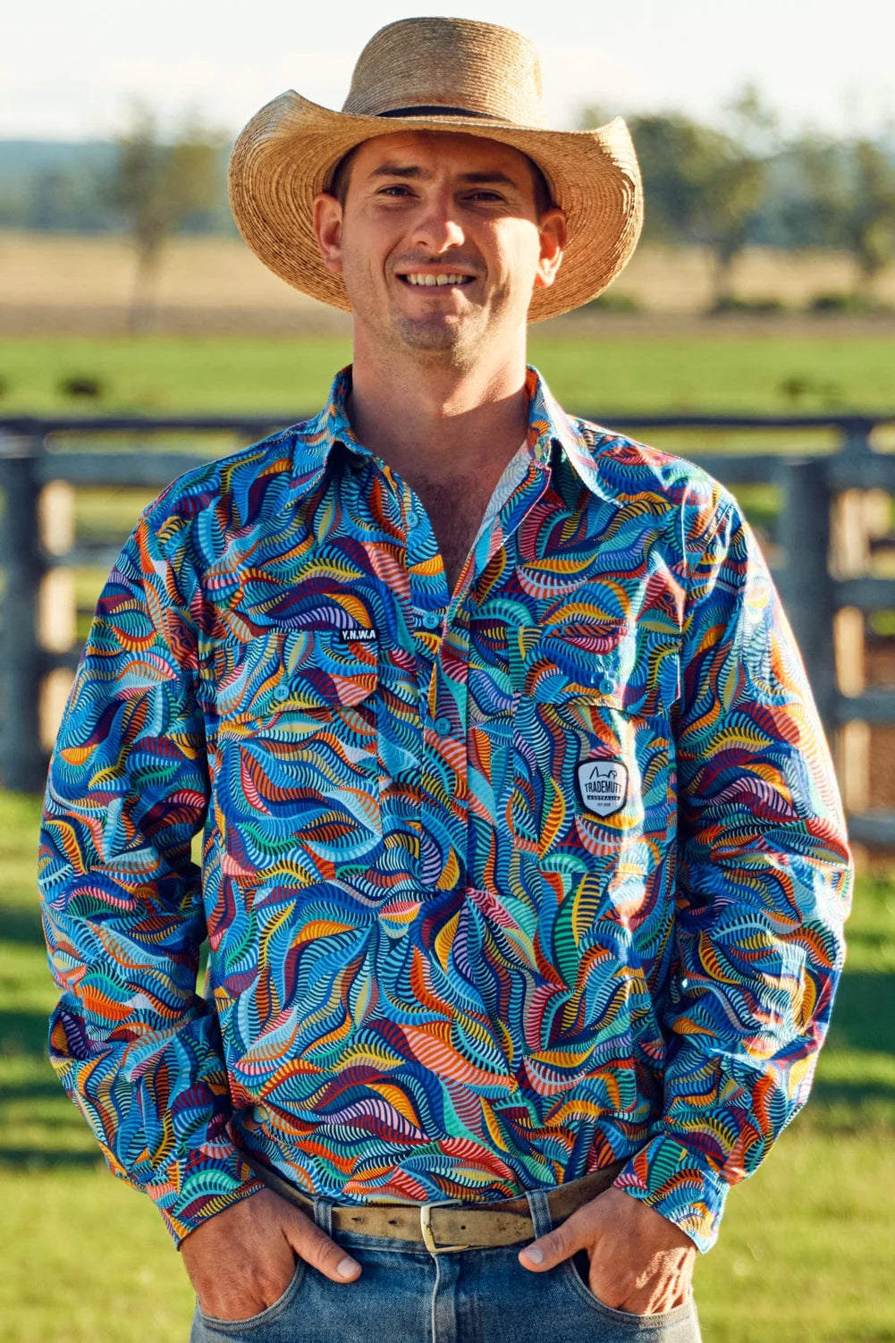 TradeMutt Men's Snazzy Half Button Full Print Workshirt - 21645