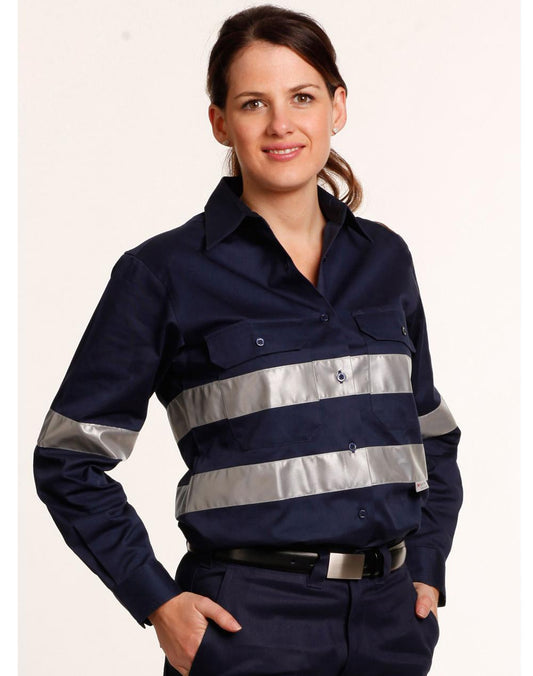 AIW Ladies HiVis Cotton Drill Long Sleeves Work Shirt with 3M Reflective Taps - WT08HV