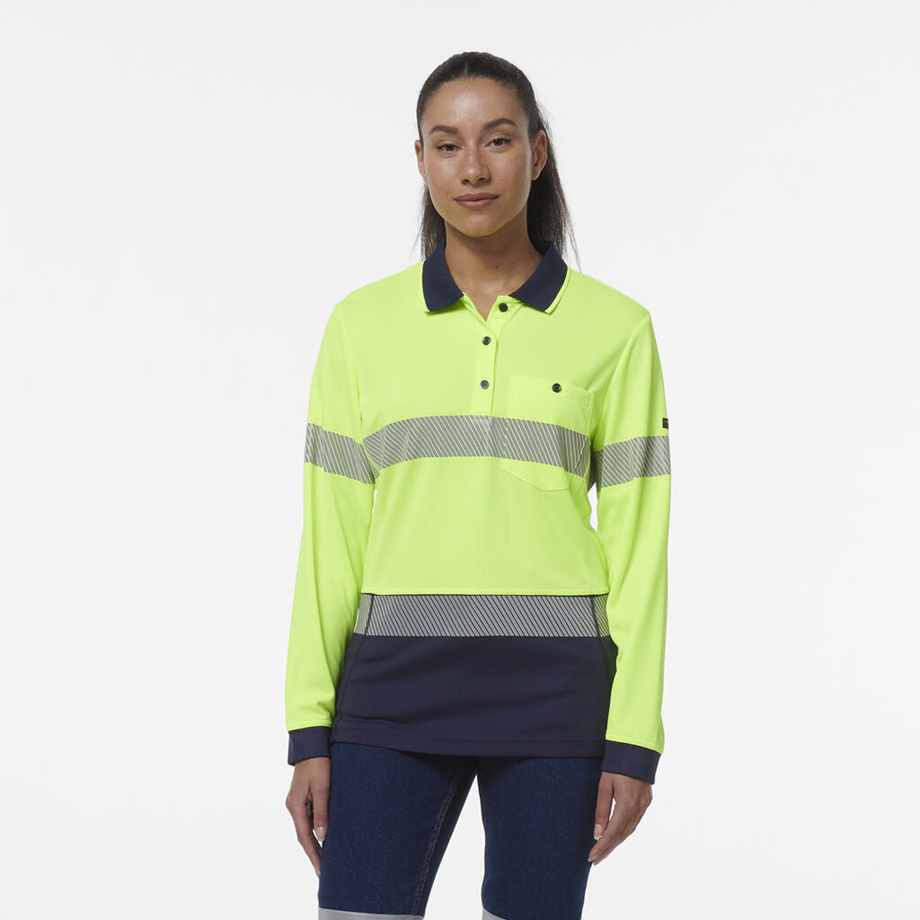 King Gee Womens Workcool Hyperfreeze Spliced Long Sleeve Polo With Segmented Tape - K44223