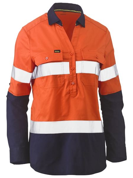 Bisley Womens Taped Hi Vis Stretch Viscose -Neck Closed Front Long Sleeve Shirt - BLC6064T