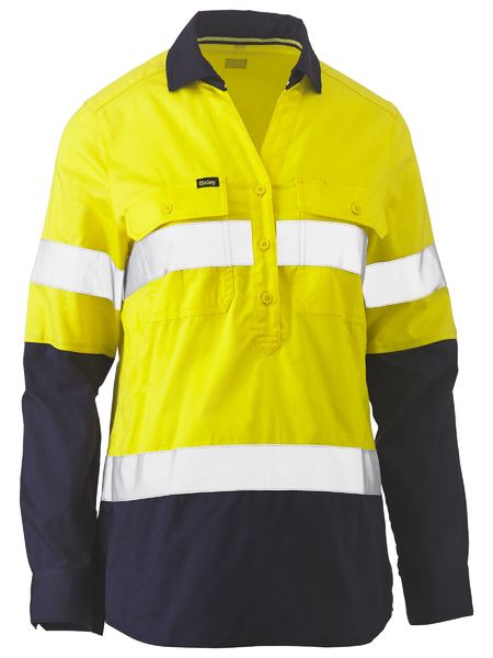 Bisley Womens Taped Hi Vis Stretch Viscose -Neck Closed Front Long Sleeve Shirt - BLC6064T