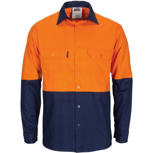 DNC HiVis 2-Tone Light Weight Cool-Breeze Long Sleeve Cotton Shirt With Gusset Sleeves - 3733-Queensland Workwear Supplies
