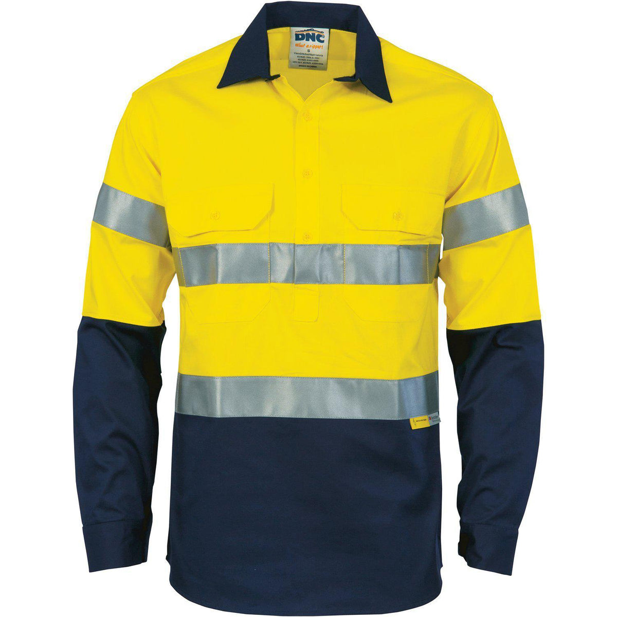 DNC Taped HiVis 2-Tone Closed Front Long Sleeve Cotton Shirt - 3849-Queensland Workwear Supplies