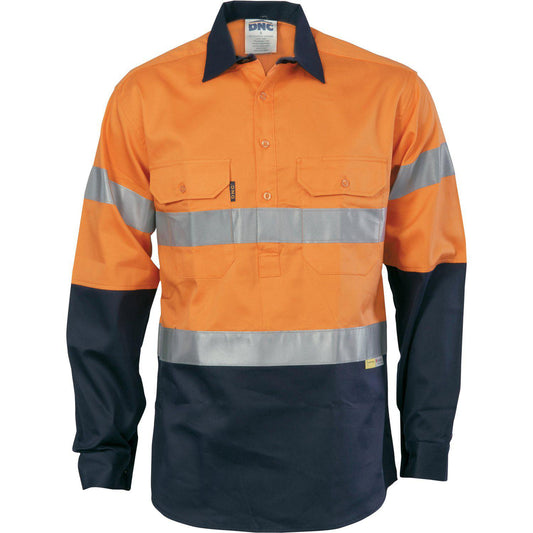 DNC Taped HiVis 2- Tone Cool-Breeze Close Front Long Sleeve Cotton Shirt - 3949-Queensland Workwear Supplies